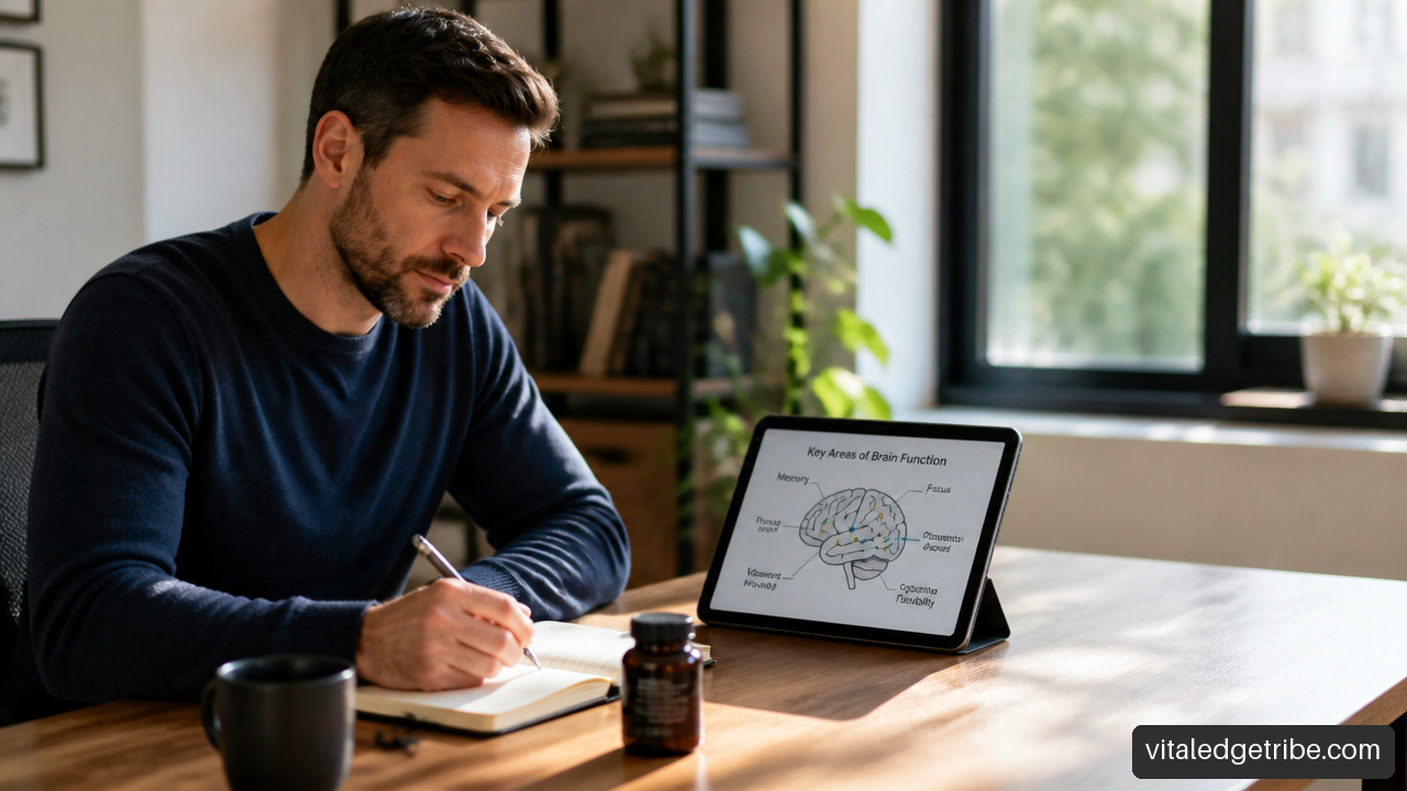 Adult at a desk using a notebook, coffee, and cognitive tracking tools for evidence-based nootropic planning.