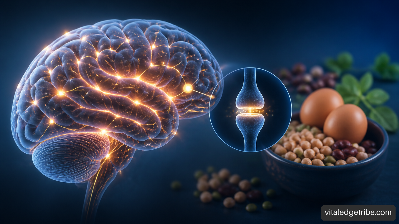 Editorial illustration of acetylcholine signaling in the brain with choline rich foods.