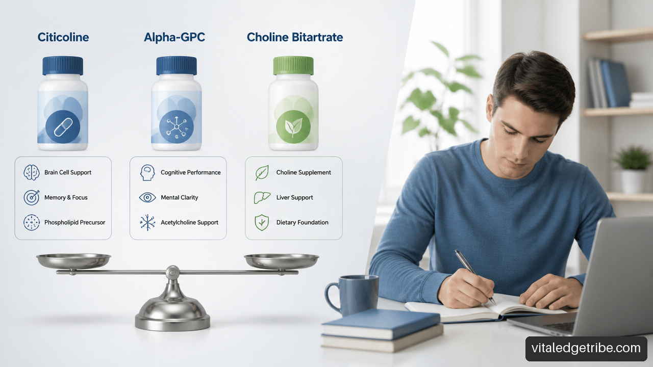 Illustration comparing citicoline, alpha-GPC, and choline bitartrate for focus and memory support.