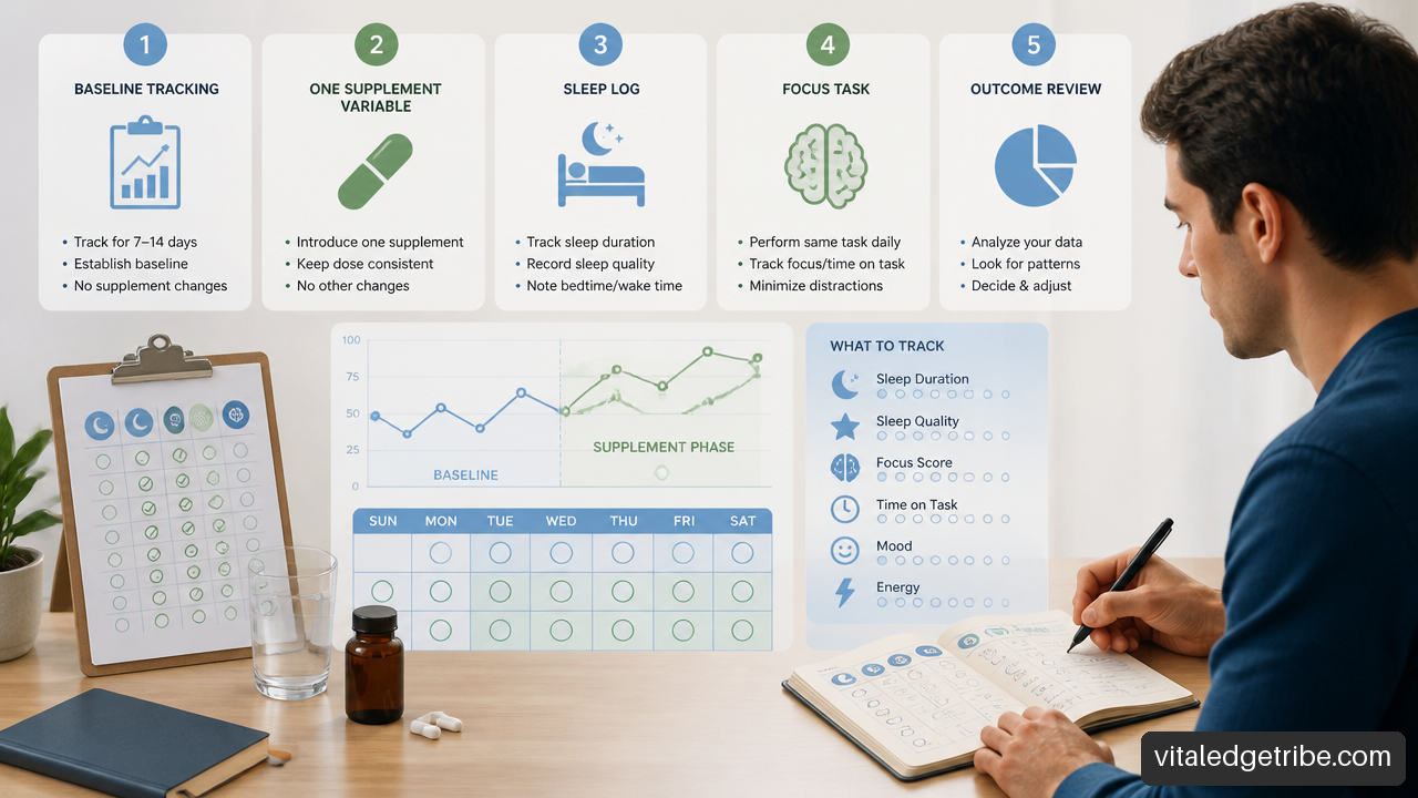 Illustration of a structured nootropic self-experiment with sleep tracking, one variable, cognitive task results, and review.