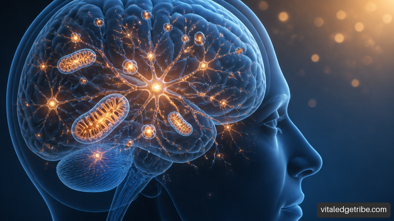 Illustration of mitochondria producing ATP within connected brain cells.