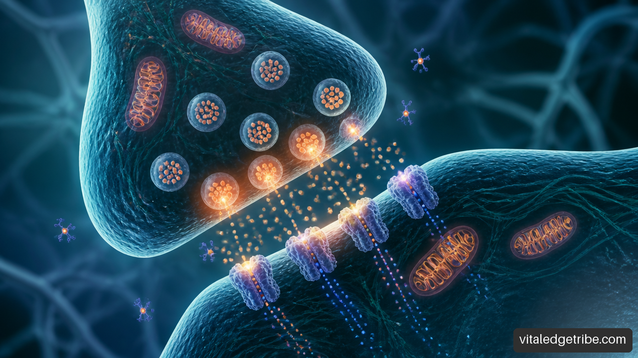 Neuron synapse with nearby mitochondria supplying ATP for cellular signaling.